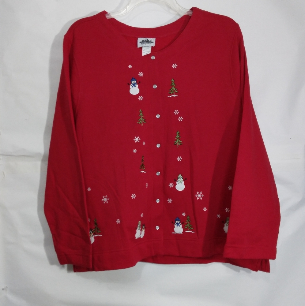 Women's 1X  Cardigan Fleece Jacket Red Snowman Snap Button Pocket Metropolitan